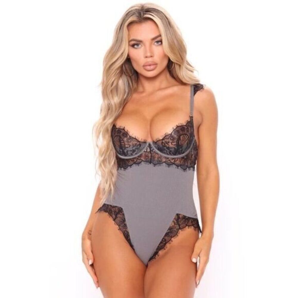 Flirty Cuddles‎ Ribbed Lace Teddy Grey/Black Size M RefFNB